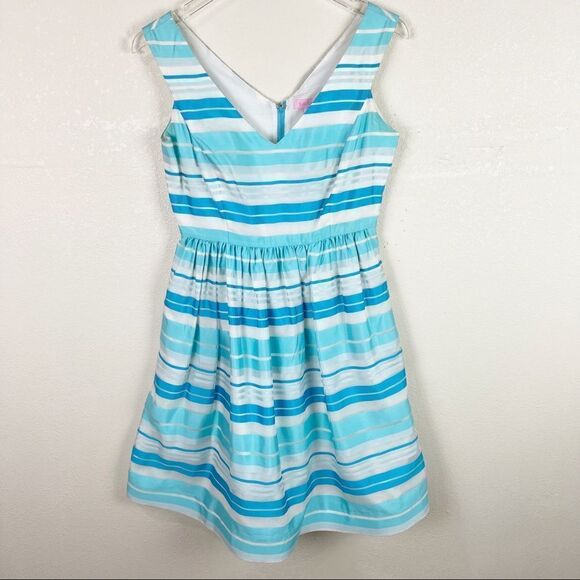 Lilly Pulitzer Organza Blue Striped Fit & Flare A Line Turquoise Blue Dress 6 - Picture 1 of 7